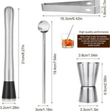 Mojito cocktailstamper, set van 4 stuks, roestvrij staal, cocktailstamper, bar tool set voor Oktoberfest, Mojito, cocktail, roerlepels met stamper, ijsclip, maatbeker Mojitoset