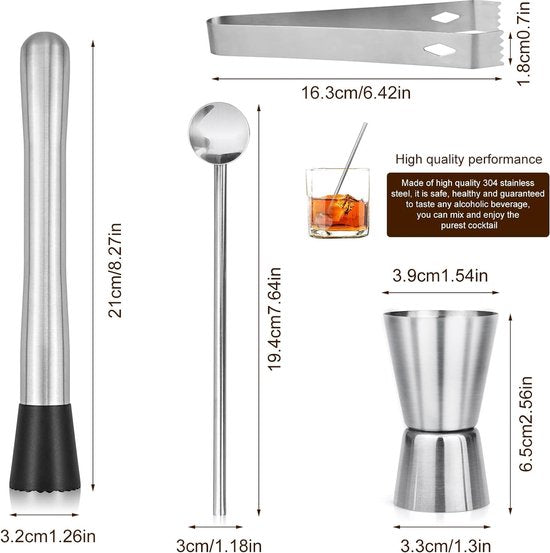 Mojito cocktailstamper, set van 4 stuks, roestvrij staal, cocktailstamper, bar tool set voor Oktoberfest, Mojito, cocktail, roerlepels met stamper, ijsclip, maatbeker Mojitoset