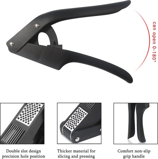 Knoflookpers, 2 in 1 Knoflookpers, Gemberbreker, Premium Knoflookmolen voor Knoflookpuree en Knoflookvlokken - Gemakkelijk schoon te maken en Duurzaam - Zwart