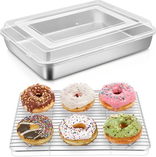 Bakplaat met deksel en afkoelrooster, roestvrij staal, ovenschaal, vetpan, bakoven, diepe taartplaat, ovenplaat voor brownies, lasagne, cake, groenten,