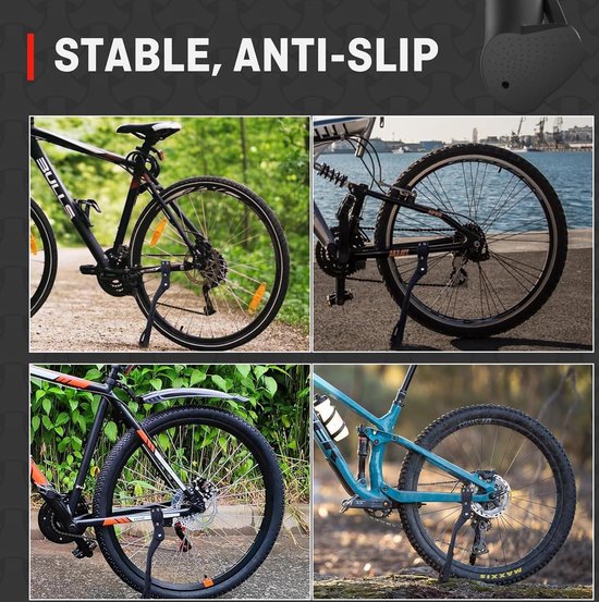 Fietsstandaard 24-29 inch, in hoogte verstelbare fietsstandaard, zijstandaard, gestippelde antislip rubberen voeten, maximale belasting 35 kg, voor mountainbike, e-bike, trekkingfiets,