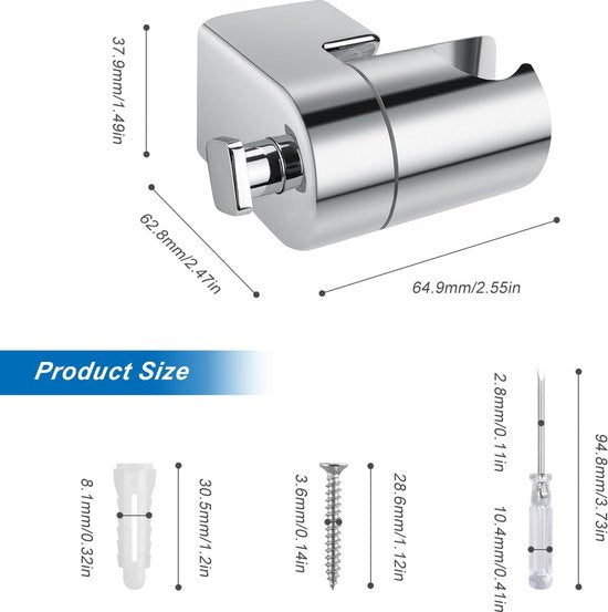 Douchekophouder zilver, 217g volledig metalen zinklegering, heavy duty douchehouder, verbeterde douchekophouder voor douchekoppen - 360° draaibaar, handdouchehouder, met bevestigingsaccessoires