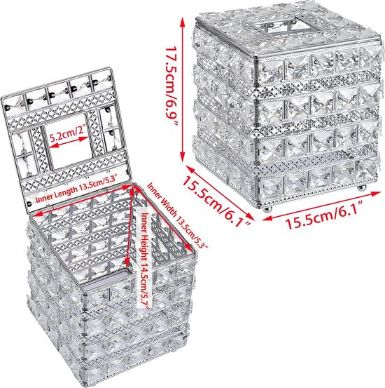 Kristal Zilver Cosmetische Tissue Box Gemaakt van Glas Metaal Tissue Box Tissue Dispenser Tissue Box Decoratie voor Woonkamer Eetkamer Hotel Restaurant Kantoor Vierkant