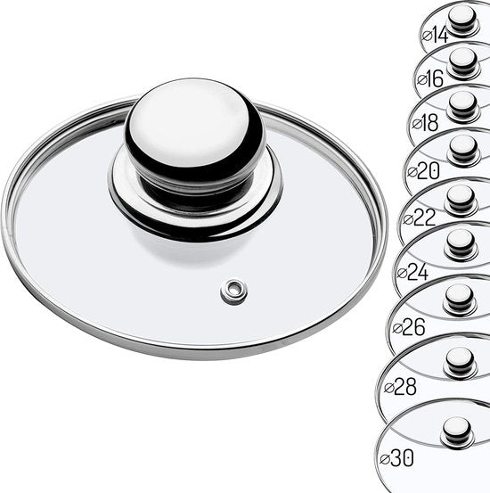 Glazen deksel met handvat van staal, hittebestendig deksel voor pan, diameter 14-30 cm, deksel met stoomgat, universeel deksel in verschillende maten, lichtgewicht pannendeksel, vaatwasmachinebestendig (14 cm)