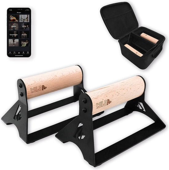 Opdruksteunen met ergonomische handgrepen, voor de sportschool, push-up bars, handstanden, handgrepen voor de homegym, fitness, push-up grips, hout + training app