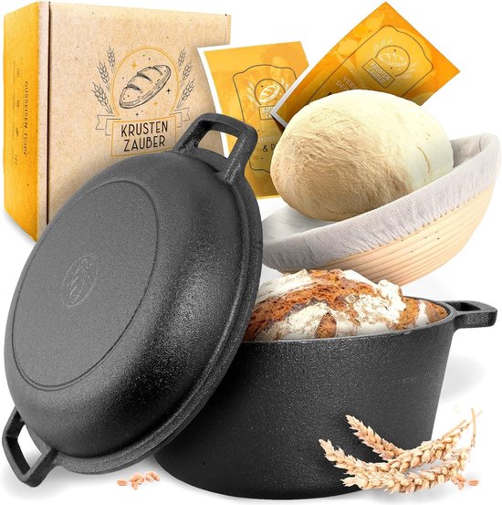 26 cm gietijzeren pan, brood bakken incl. rijsmand, robuuste broodbakvorm met deksel, ideale broodpan, broodbakset, gietijzeren pan, broodbakken, accessoires