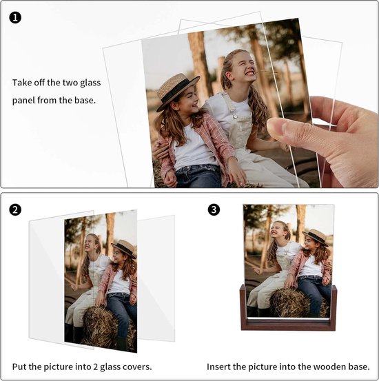 Dubbelzijdige fotolijst 20 x 25 cm van glas met een bruine houten onderlegger voor tafelblad, set van 2