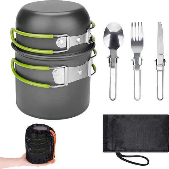 Campingpannenset, aluminium kampeerpot, buitenkookgerei met opvouwbaar bestek, campingservies voor 2 personen, campingservies voor wandelen, vissen, picknick, FDA-gecertificeerd