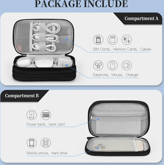 reisaccessoires organizertas, waterdichte reiskabelorganizer dubbellaags reiselektronica-accessoires voor USB-powerbank, kabel, SD-kaart (zwart)