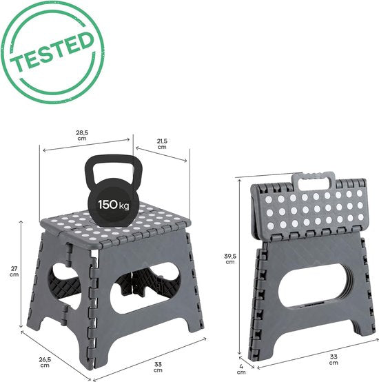 Kleine opvouwbare kruk | Opvouwbare kruk voor kinderen en volwassenen | Draagbare en opvouwbare vouwkruk | 150kg draagvermogen | Kruk voor keuken, badkamer, camping, tuin | 27 cm hoog | Grijs