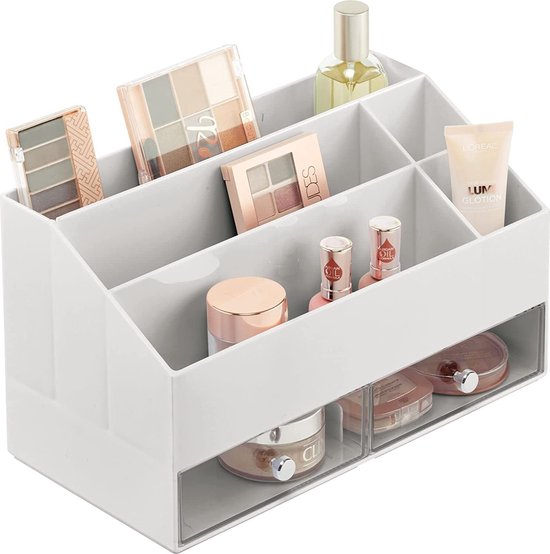 mDesign beauty organizer – make up organizer met 5 vakken en 2 lades voor make-up, nagellak en beautyproducten – de ideale make up opslag – lichtgrijs en transparant