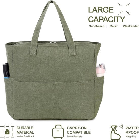 Grote strandtas met ritssluiting dames waterdichte schoudertas draagtas shopper zanddicht met ritssluiting zwembad fitness reistas familie, legergroen canvas