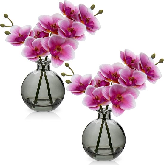 2 x Artificial Orchids Pink with Black Glass Vase, Artificial Plant Decor Orchids Artificial Flowers in Vase with Real Touch Flowers, Fake Orchids Artificial Bonsai for Hotel, Living Room, Office,