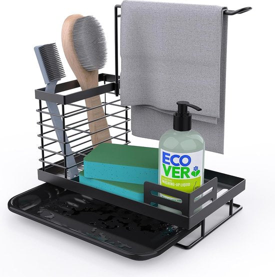 Caddy gootsteenorganizer, roestvrij staal, keukengerei mand voor keuken en badkamer, met afvoerpan, werkblad, sponsborstel, zeepbakhouder, gootsteen, keukenorganizer