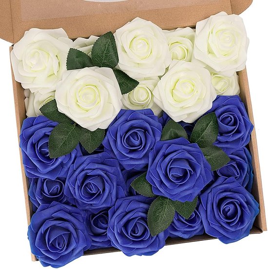 Artificial flowers, roses, 25 pieces of fake roses with stems, do-it-yourself, wedding, bouquets, bride, home decoration, ivory & blue.