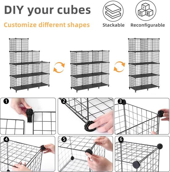9 Plank Draadkubus Stapelbare Plankkubus DIY Metalen Rooster Plank Kubus Boekenplank Kubus Plank met Deuren voor Woonkamer, Slaapkamer, Badkamer Zwart