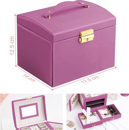 Sieradendoos Afsluitbaar Leren Sieradendoos met Spiegel Sieradendoos Reissieradendoos Sieradendoos Damescompartiment voor kettingen Horloges Ringen Armbanden Oorbellen (roze)