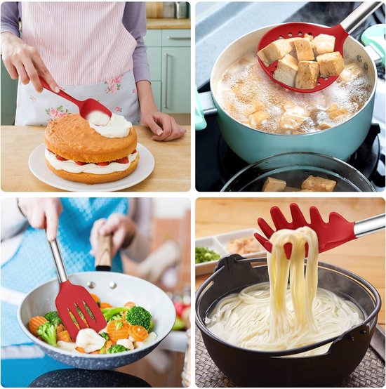 Keukengerei, 20-delige set met anti-aanbaklaag, siliconen keukengerei, hittebestendige kookgerei, keukenaccessoireset met gebruiksvoorwerpenhouder en roestvrijstalen handgreep, vaatwasmachinebestendig (rood)