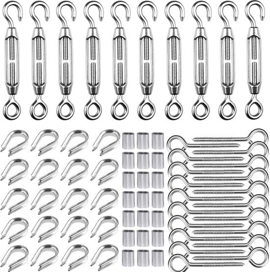 3mm staalkabelspannerset, 10 stuks M5 touwspanner spanschroef RVS, 20 stuks M5 oogschroeven, M3 vingerhoeden, 40 stuks M3 krimplus, draadspanner hekspanner voor 3mm kabels en staalkabels