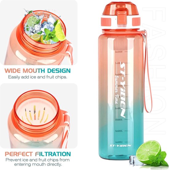 drinkfles 1l sportwaterfles, BPA-vrije drinkfles, 100% lekvrije sportdrinkfles, robuuste en duurzame waterfles voor fitness, buitensport