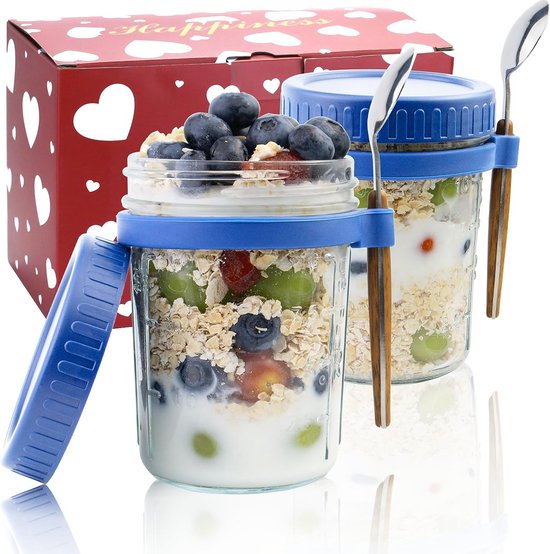 Overnight Oats Containers met deksels en lepels - 350 ml glazen mason potten voor overnight oats havermout chia zaad pudding 10 oz maaltijd prep salade potten set voor ontbijtbenodigdheden om yoga te gaan