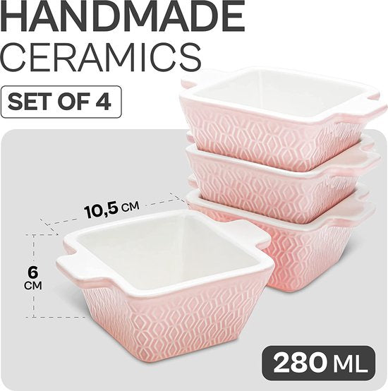 Mini ovenschaaltje Set van 4 - Voor 1 Persoon - Keramisch - Stapelbaar - Ovenvast - Vaatwasmachinebestendig - Roze