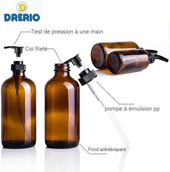 2 bruine glazen flessen van 500 ml, pompflessen voor zeepdispensers, handwasdispensers en grote afwasmiddeldispensers. Deze herbruikbare glazen flessen hebben een pomp en kunnen gebruikt worden om lotions en shampoos te doneren.