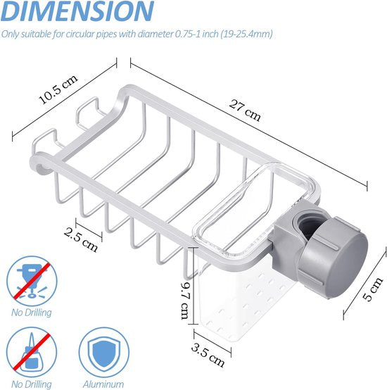 Waterkraan opbergrek, spoelorganizer aluminium, sponshouder keuken met afvoerkist, gootsteenorganizer, afdruiprek, gootsteen caddy organizer voor keuken, badkamer, toilet