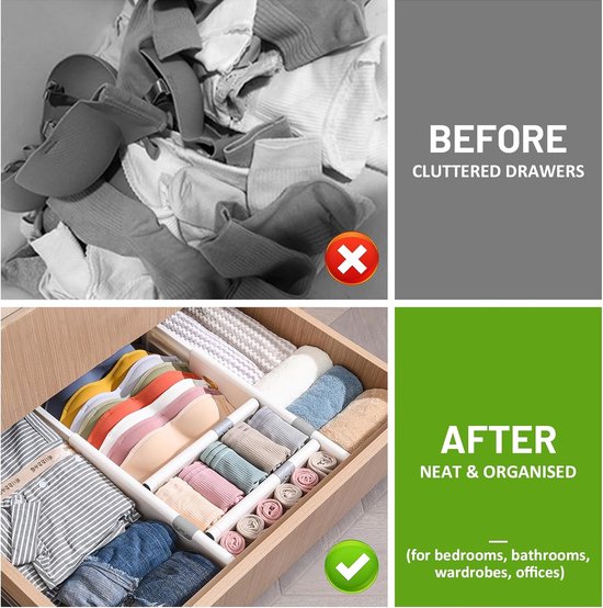 Schuifladenorganizer, set van 4 ladeverdelers, verstelbaar (28-44,5 cm, 10,5 cm hoog), antislip ladeverdeler, opbergsysteem voor keuken, slaapkamer, badkamer, commode, wit
