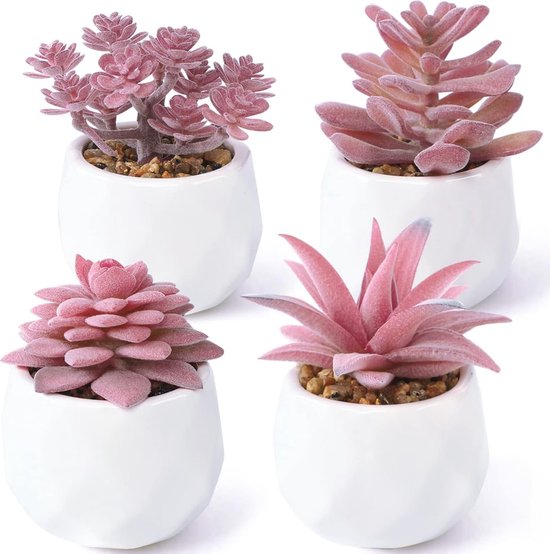 Kunstmatige vetplanten met pot, 4 stuks kleine mini-kunstplanten voor woonkamer, badkamer, balkon, kantoor, tafeldecoratie, roze