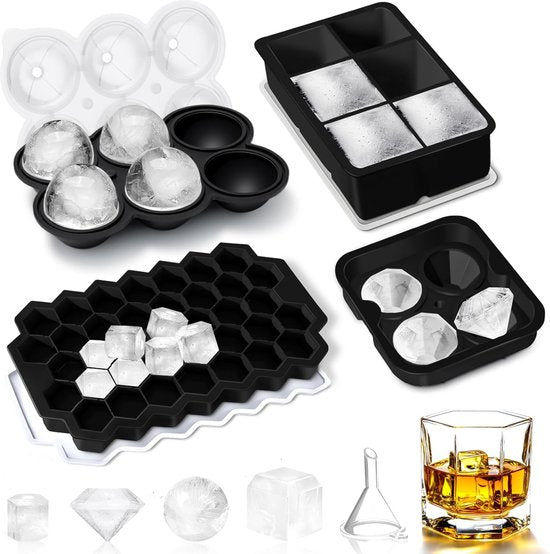 IJsblokjesbakje Siliconen ijsblokjesbakje met deksel - set van 4, gemakkelijk los te maken, geschikt voor whiskycocktails en sappen enz., LFGB-getest en BPA-vrij (zwart)