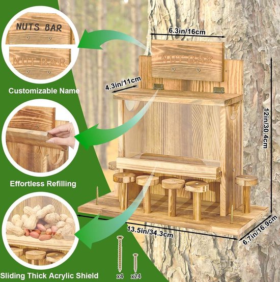 Eekhoorntje, voederhuis van grenenhout, eekhoorntje, voederhuis met maïskolfhouder, eekhoornhuis voor buiten, chipmunk-voederstation voor achtertuin, buiten, tuin (A)