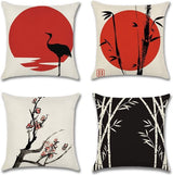 Kussenovertrekken, decoratief, 4-delige set, 45 x 45 cm, van linnen, Japanse stijl, 45 x 45 cm