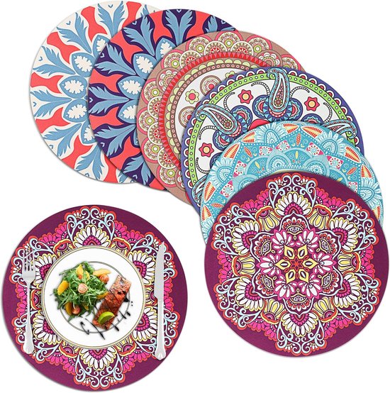 Placemats en onderzetters set van 6, diameter 22 cm, ronde mandala placemats, warmte-isolatie, wasbaar, antislip rubberen placemats voor de eettafel, keuken