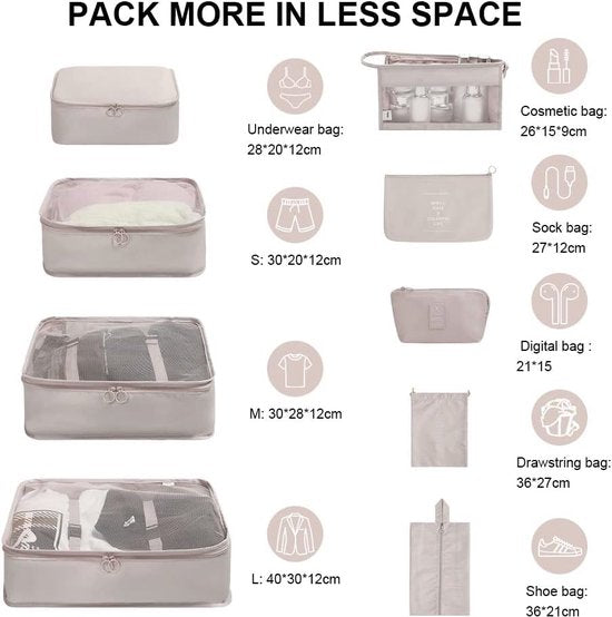 Kofferorganizerset, 9-delig, Packing Cubes, waterdichte reis-kledingtassen, paktassen voor koffer, verpakkingskubus met cosmeticatas, digitale tas, USB-kabel (beige)