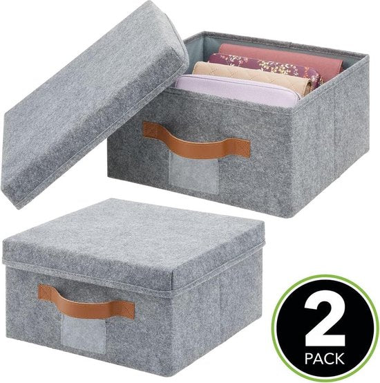 Set van 2 opbergdozen voor de kast, de slaapkamer enz. – grote opbergbox met deksel van kunstvezel – kastorganizer voor kleding en andere accessoires – grijs