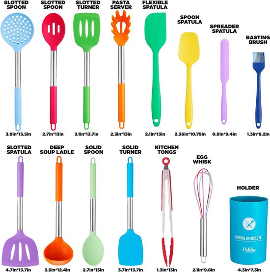 Set van 14 keukengebruiksvoorwerpen, siliconen Meerkleurig, Inclusief houder