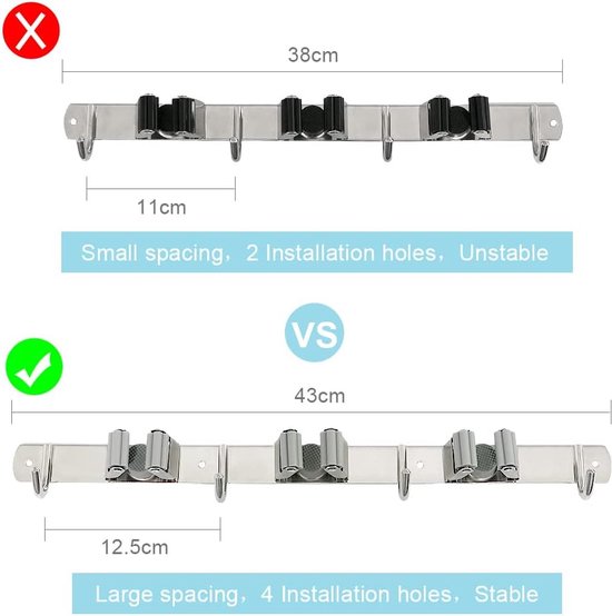 Bezemhouder, wandhouder, roestvrij staal, 2 stuks, bezemhouder, wandhouder met 4 haken, 3 houders, bezemhouder, zelfklevende gereedschapshouder, organizer voor tuin, keuken, garage