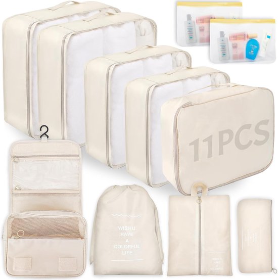 Kofferorganizerset, beige, 11-delige inpakkussenset, waterdichte kledingtassen, kofferorganizer voor vakantie en reizen, kubussenset, reiskubussen, kaki