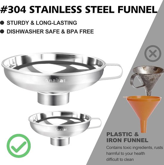 Roestvrijstalen inmaaktrechter met handvat voor brede en normale glazen en weckpotten, brede hals voor vloeibare en droge ingrediënten, grote vaste stoffen, olie, bonen en jam