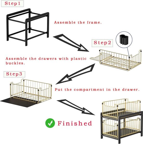 Keuken Organisers met 2 Lades Opbergers onder de gootsteen van roestvrij staal Badkamer organiser 2 niveaus Kruidenrek Grote Capaciteit (Goud)