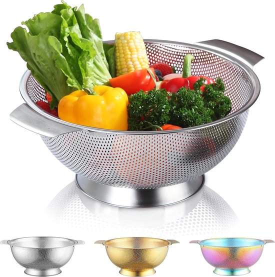 Roestvrijstalen Colander 5 Quart, professionele zeef met heavy duty handgrepen en zelfdragende vaste ringbasis voor pasta, spaghetti, bessen, groenten, fruit, pasta, salades,