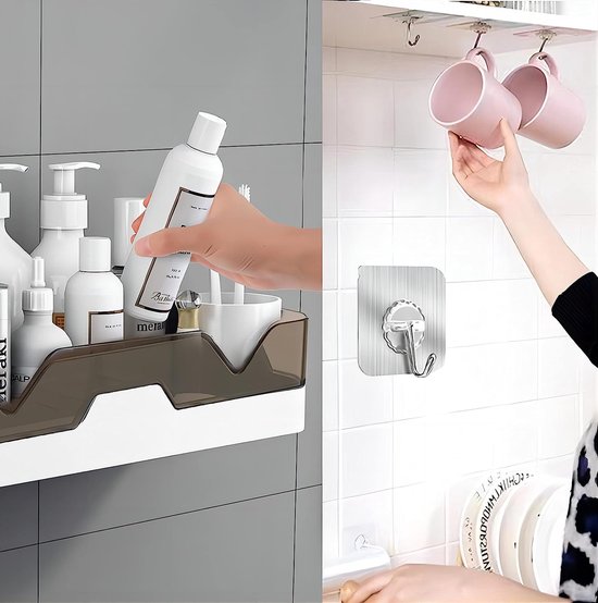 Badkamerplank, geen boren badkamerplanken, doucherek douchemanden aan de muur gemonteerd voor keukens en badkamers, wordt geleverd met 5 zilveren haken