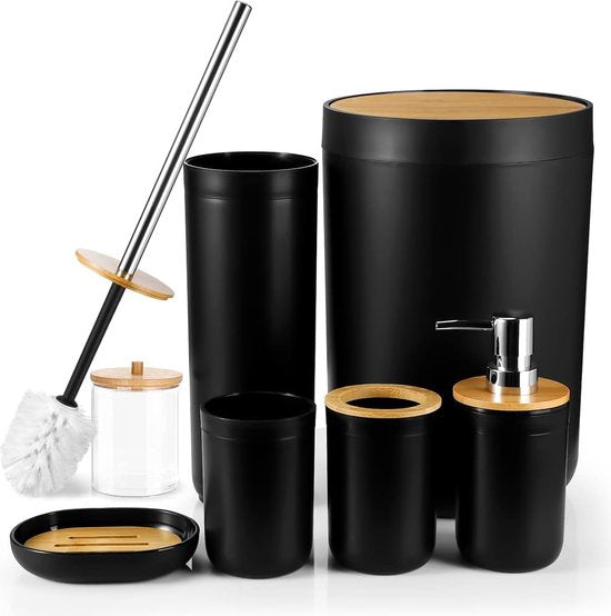 7-delige bamboe badkameraccessoires Badkameraccessoireset Luxe kunststof badkameraccessoireset Tandenborstelhouder Tumbler Toiletborstelset Qtip Houder Zeepbakje Prullenbak Zeepdispenser (zwart)