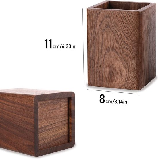 Houten pennenkoker, vierkante pennenhouder, bureau-organizer, zwart walnoothout, handgemaakt, voor schrijfwaren, make-upkwasten, bureaus, kantoren (bruin)