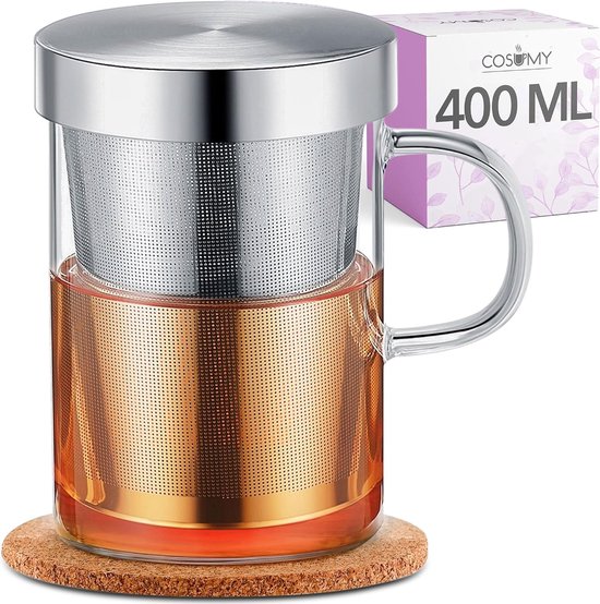 Tea Cup with Strainer and Lid - includes Coaster - Borosilicate Glass - Cup 400 ml Large