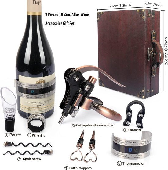 Kurkentrekker set in houten kist geschenk, luxe wijnopener, wijnsommelier sets met flesopener, wijnsluitingen, wijnaccessoires cadeauset (stijl 02)