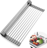 Oprolbaar afdruiprek, afdruiprek, gootsteenrek voor de keuken, opvouwbaar spoelbakrek, roestvrij staal servies, droogstandaard voor de keukenspoelbak