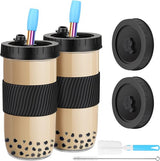 Bubble Tea Bekers, 2 stuks, 730 ml, Bubble Tea Set met rietje, herbruikbaar, glazen drinkglazen met deksel, lekvrije siliconen voor milkshakes, dranken, smoothie-zwart