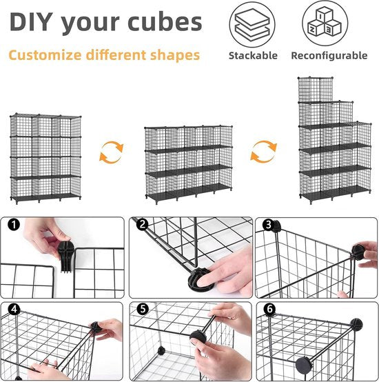 12 Plank Draadkubus Stapelbare Plankkubus DIY Metalen Raster Plankkubus Boekenplank Kubusplank met deuren voor woonkamer, slaapkamer, badkamer Zwart